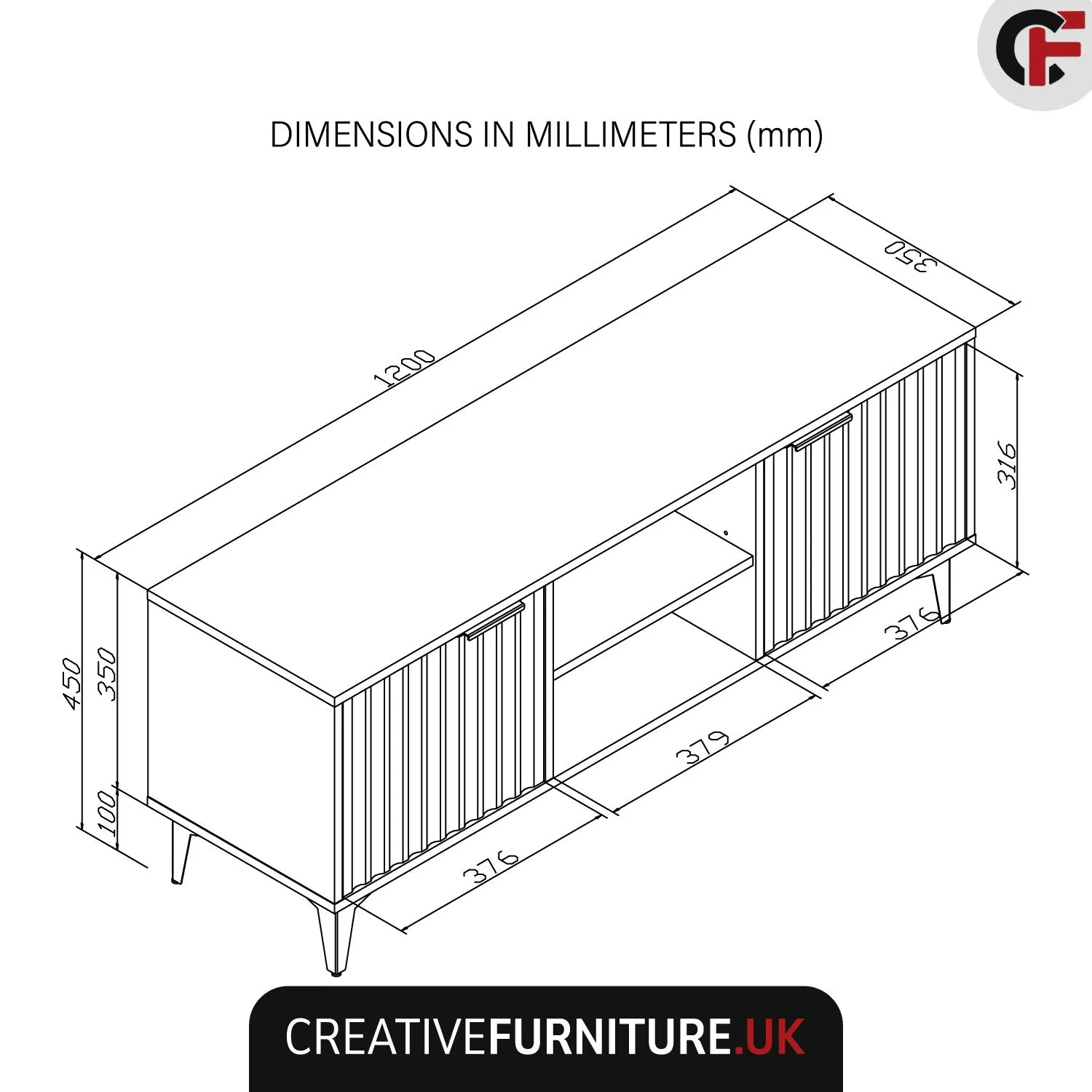 Creative Furniture Tide Crest TV Unit Gold 120cm - Modern Fluted Design in Grey or White 3