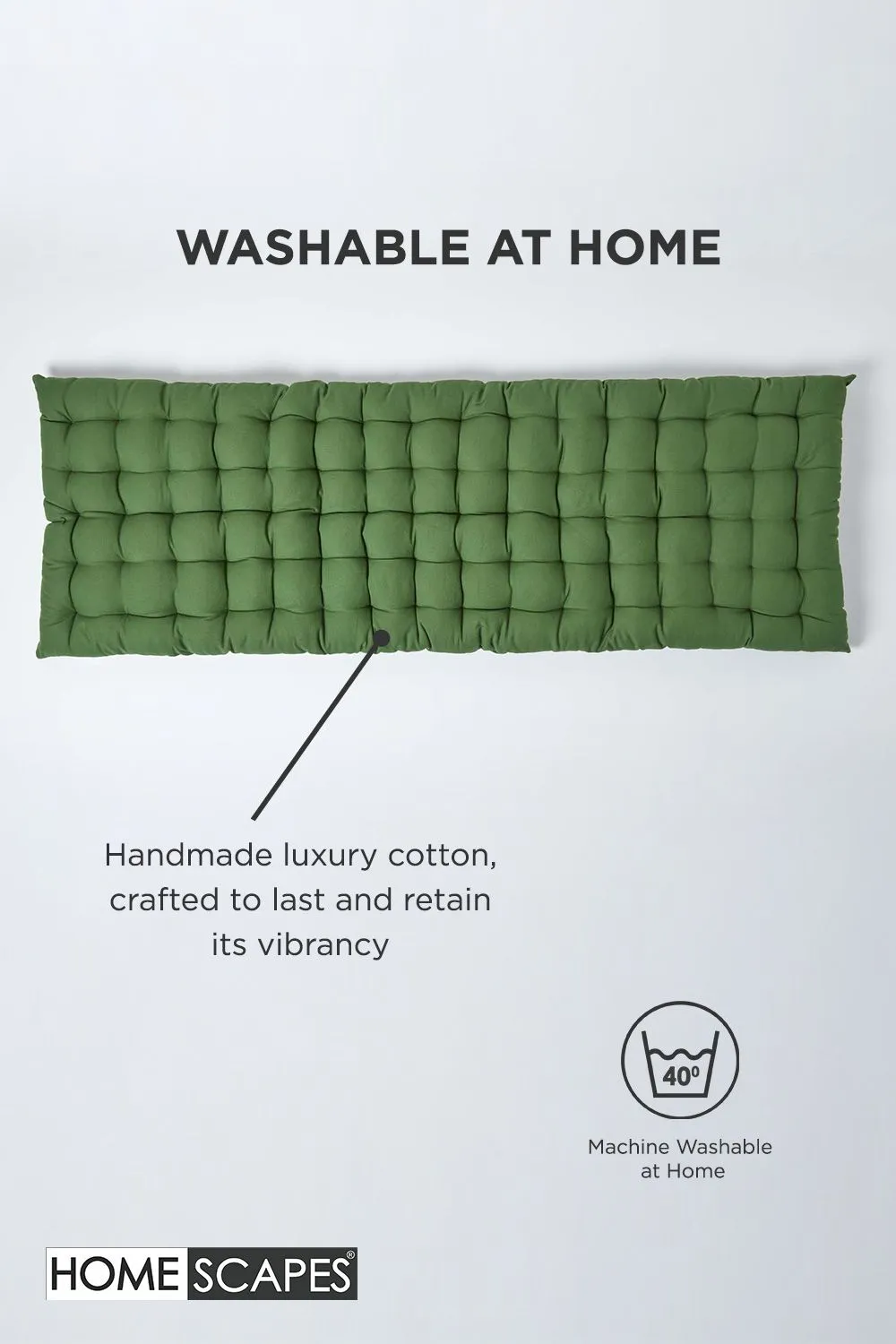 Homescapes Garden Bench Cushion Luxury 2 Seater Cotton Indoor Outdoor Pad, 108 x 42cm in Dark Olive 6