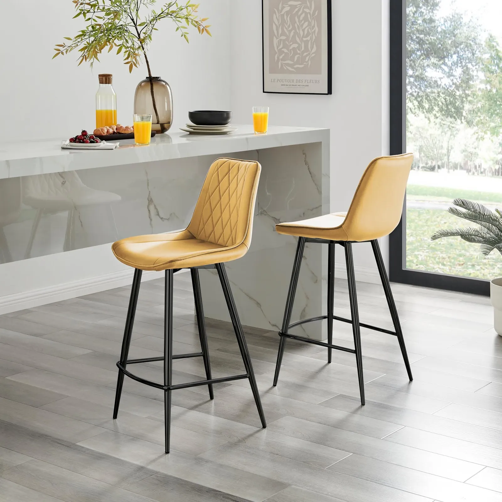 FurnitureboxUK Pesaro Set of 2 Velvet Black Legs Counter Stools in Mustard 1