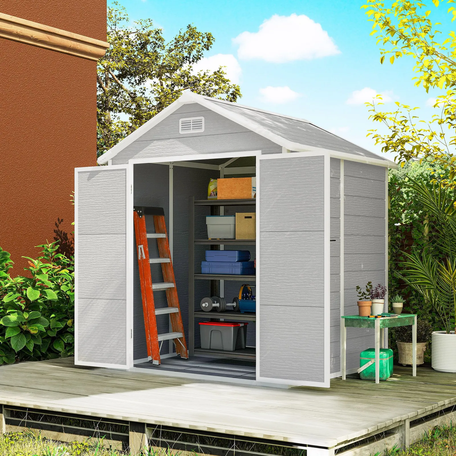 OUTSUNNY 6 x 5ft Resin Garden Shed with Floor & Window, Light Grey