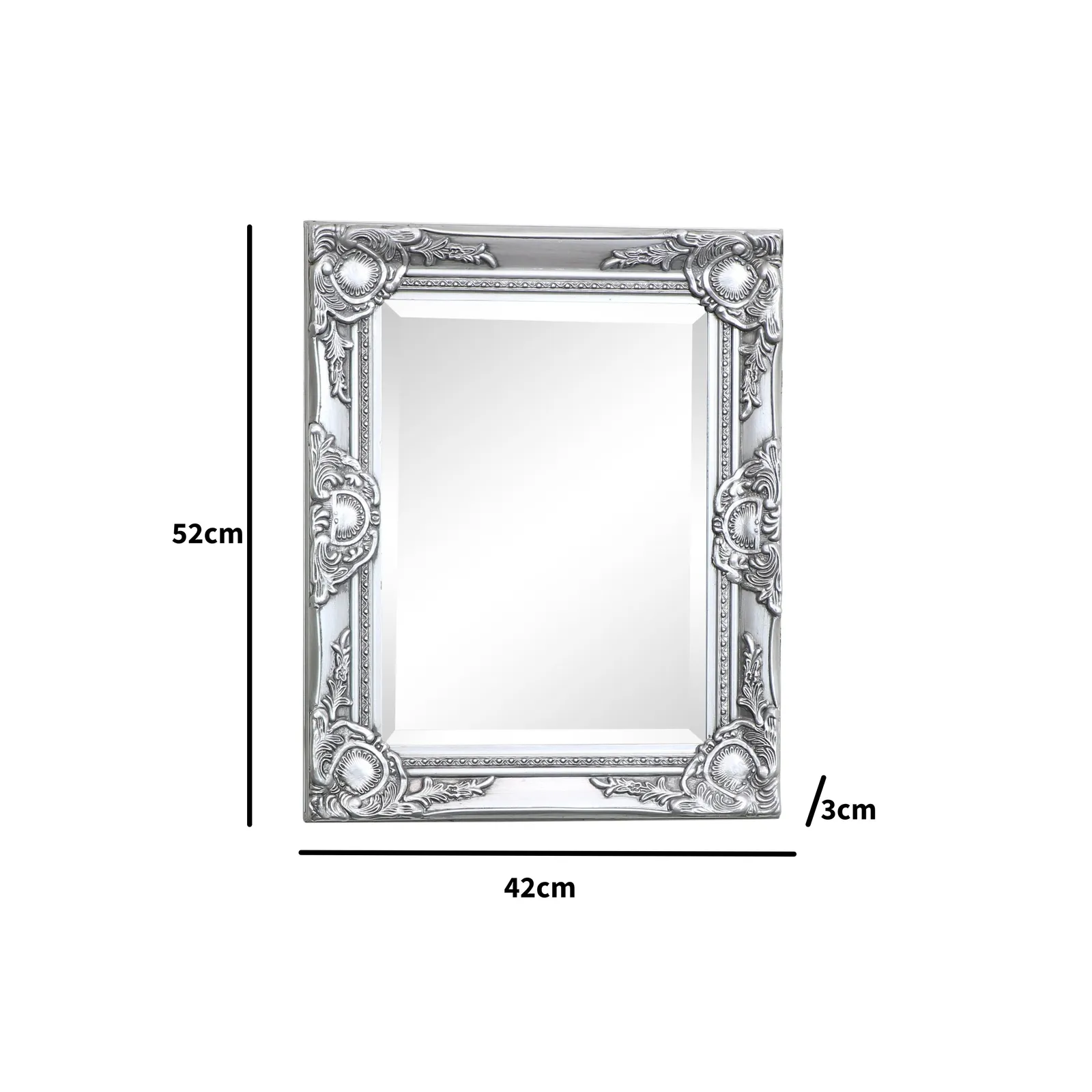 Melody Maison Ornate Silver Wall Mirror With Bevelled Glass 52cm X 42cm in Metallic Silver 6