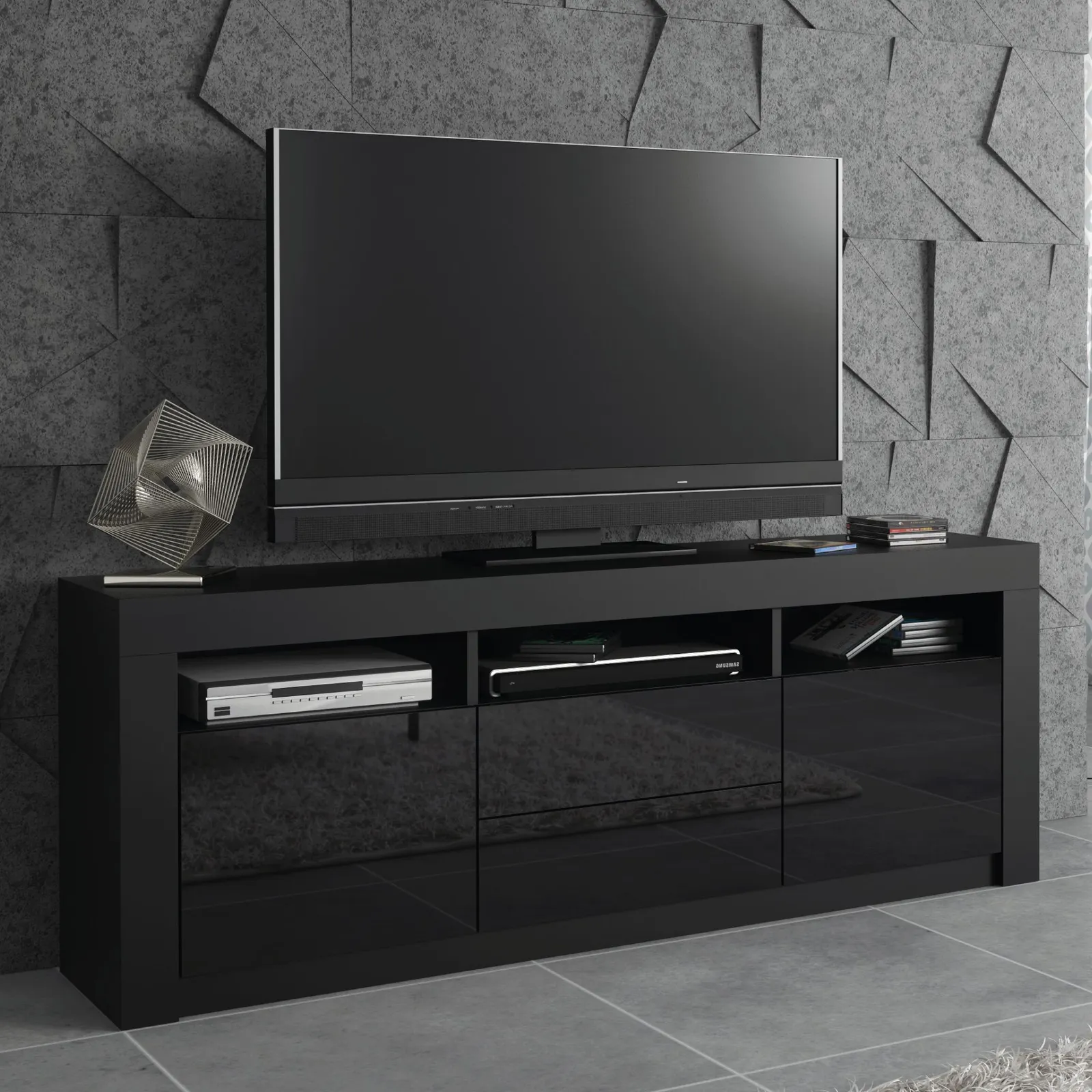 Creative Furniture TV Unit 160cm Modern - Black with High Gloss Doors 6