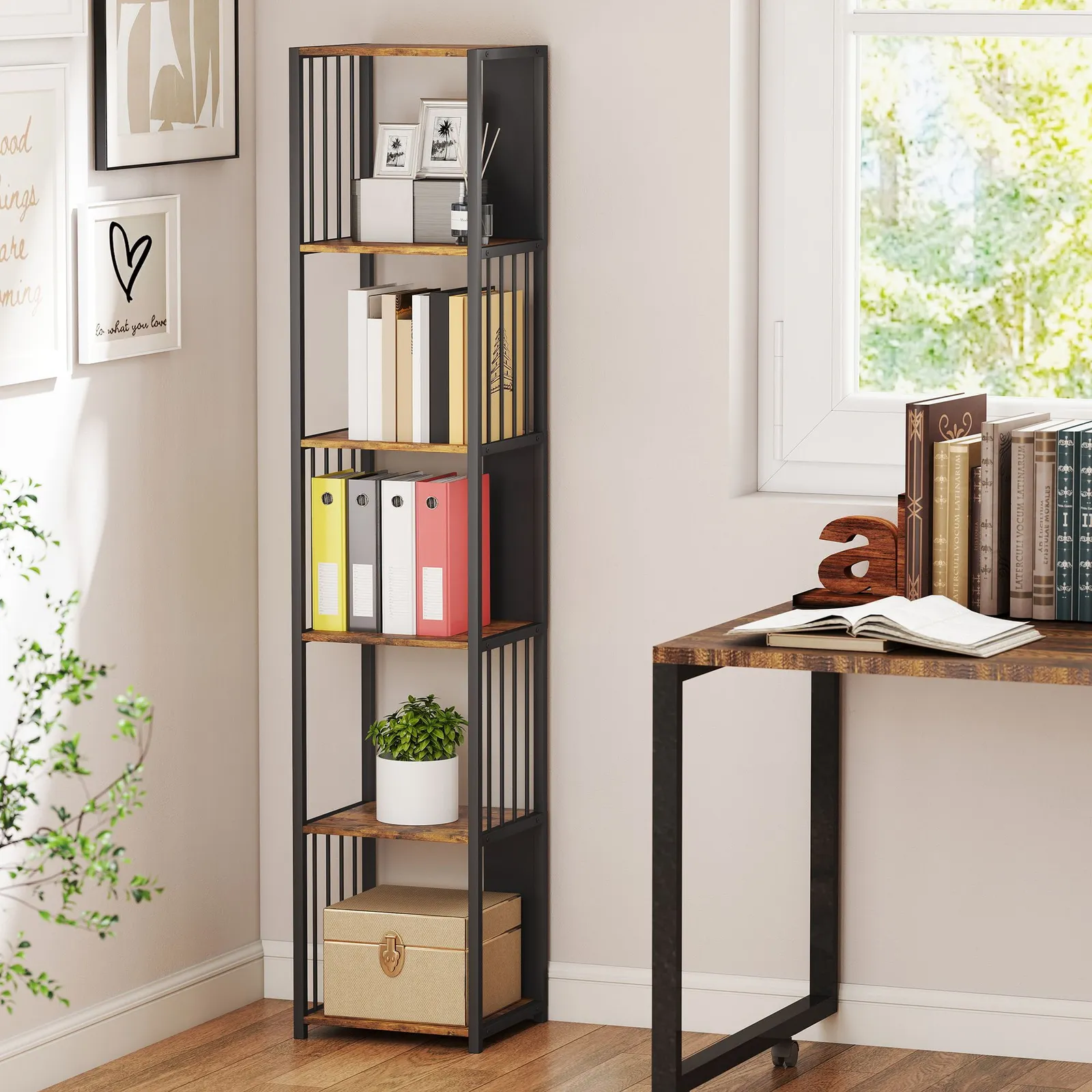 HOMCOM 5-Tier Bookshelf, Freestanding Display Storage Unit, Rustic Brown