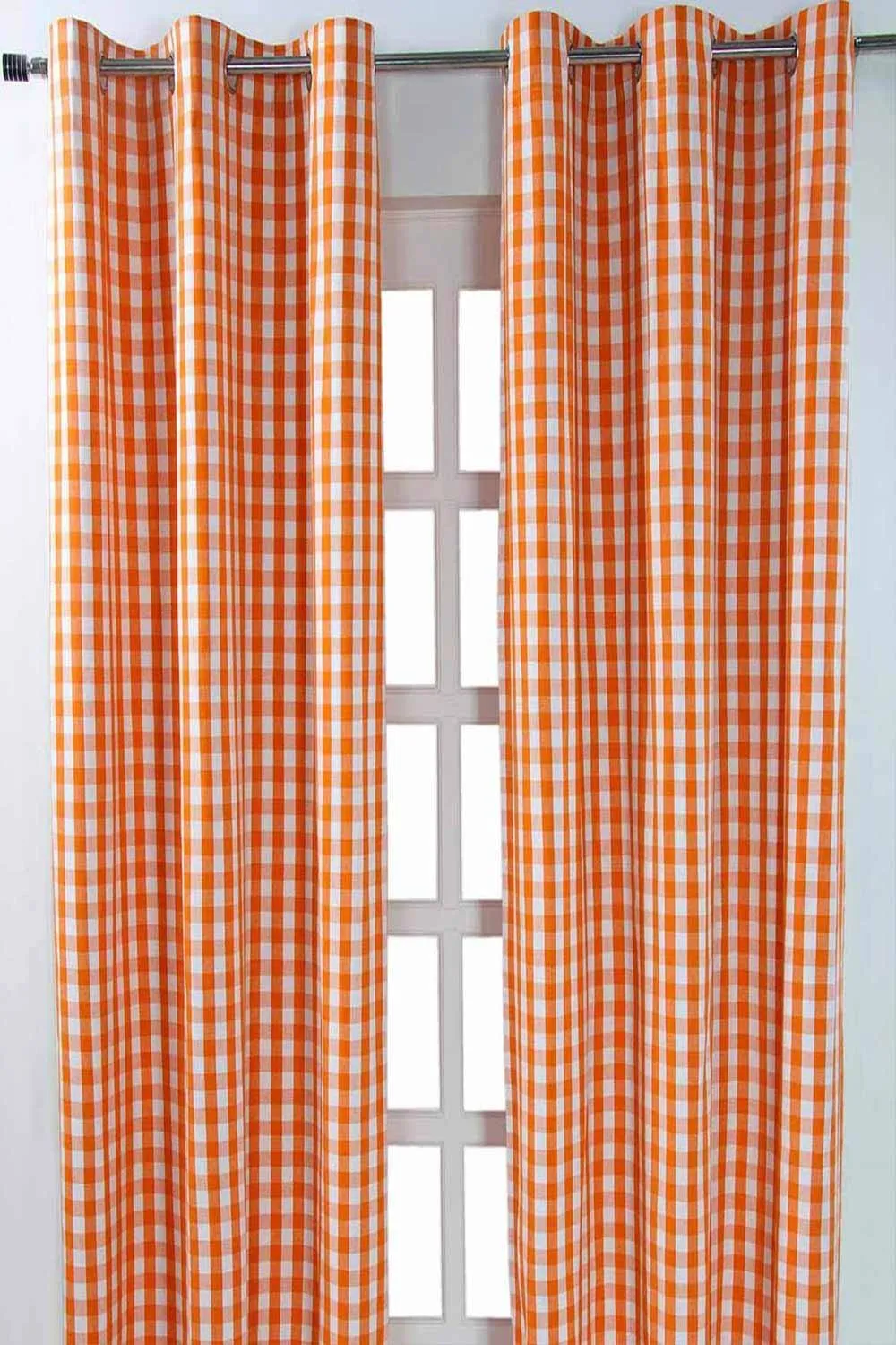 Homescapes Cotton Block Check Gingham Eyelet Curtain Pair in Orange 1