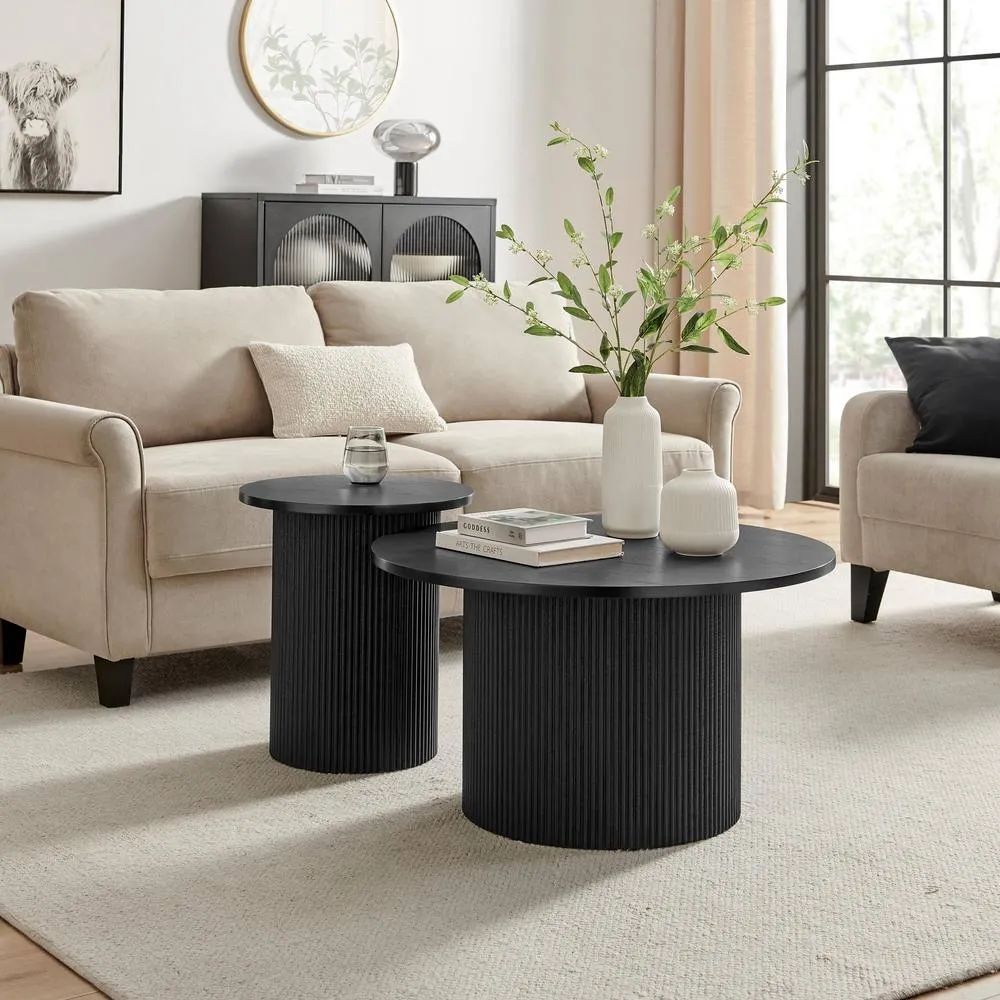 FurnitureboxUK Penrose Round Wood Coffee Table & Side Table Set in Black