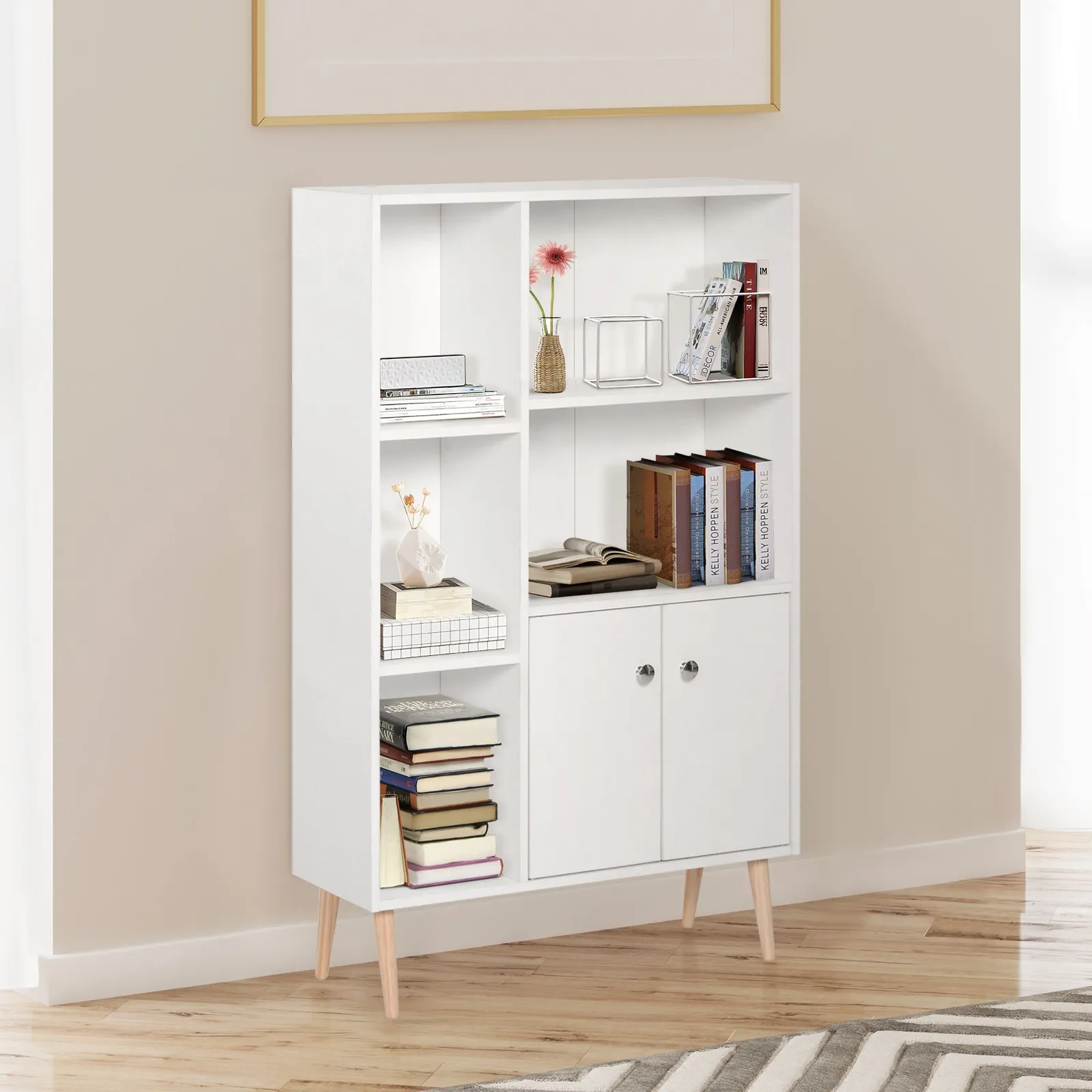 HOMCOM Bookcase Storage Cabinet Shelves Unit Free Standing Two Doors Wooden in White