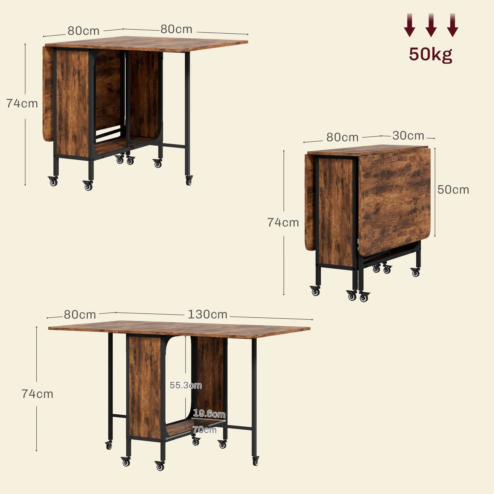 HOMCOM Mobile Drop Leaf Dining Table on Wheels with Storage Shelf in Dark Brown 3