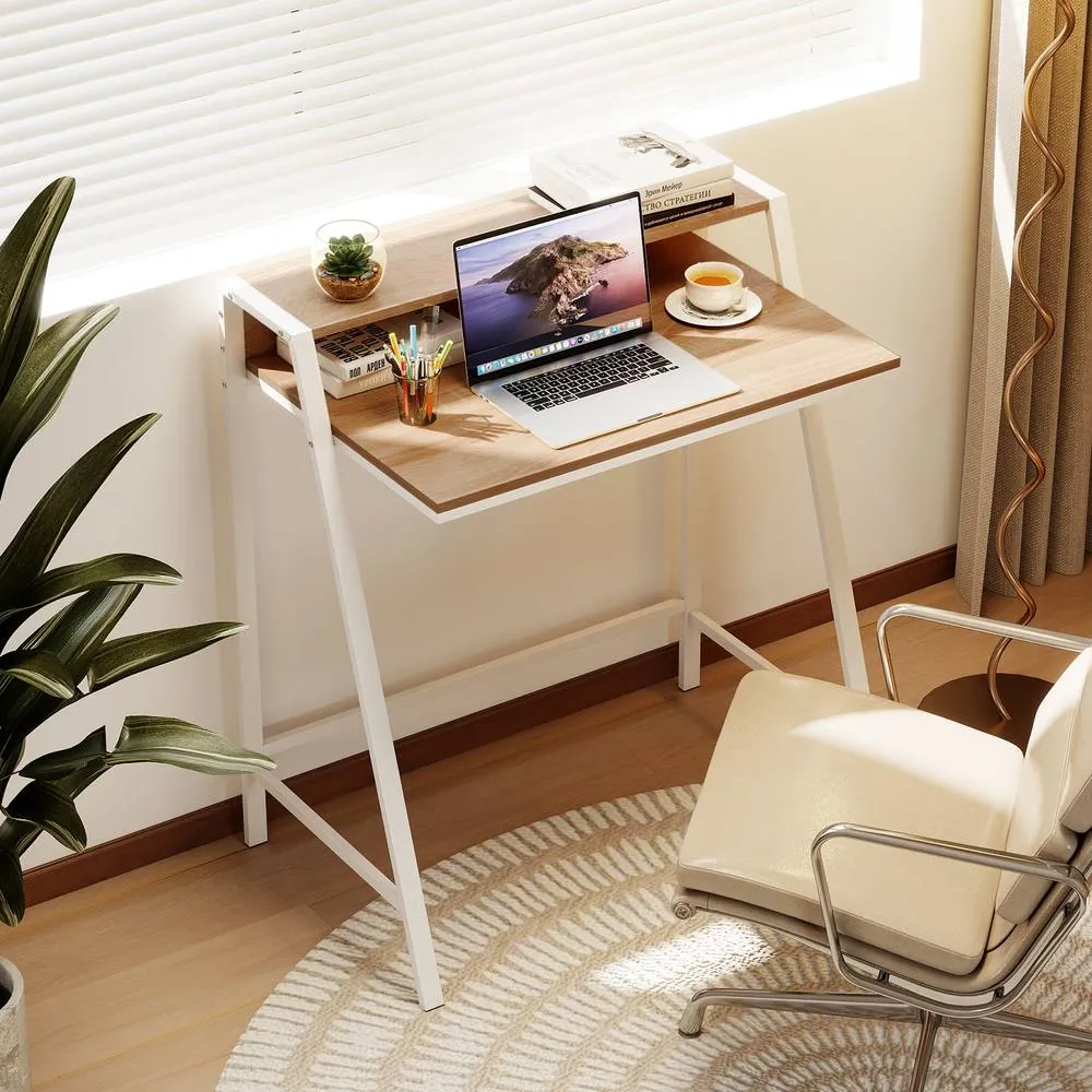 Costway Computer Desk 80 CM Small Desk Compact Desk with Monitor Stand-Natural in Natural 3
