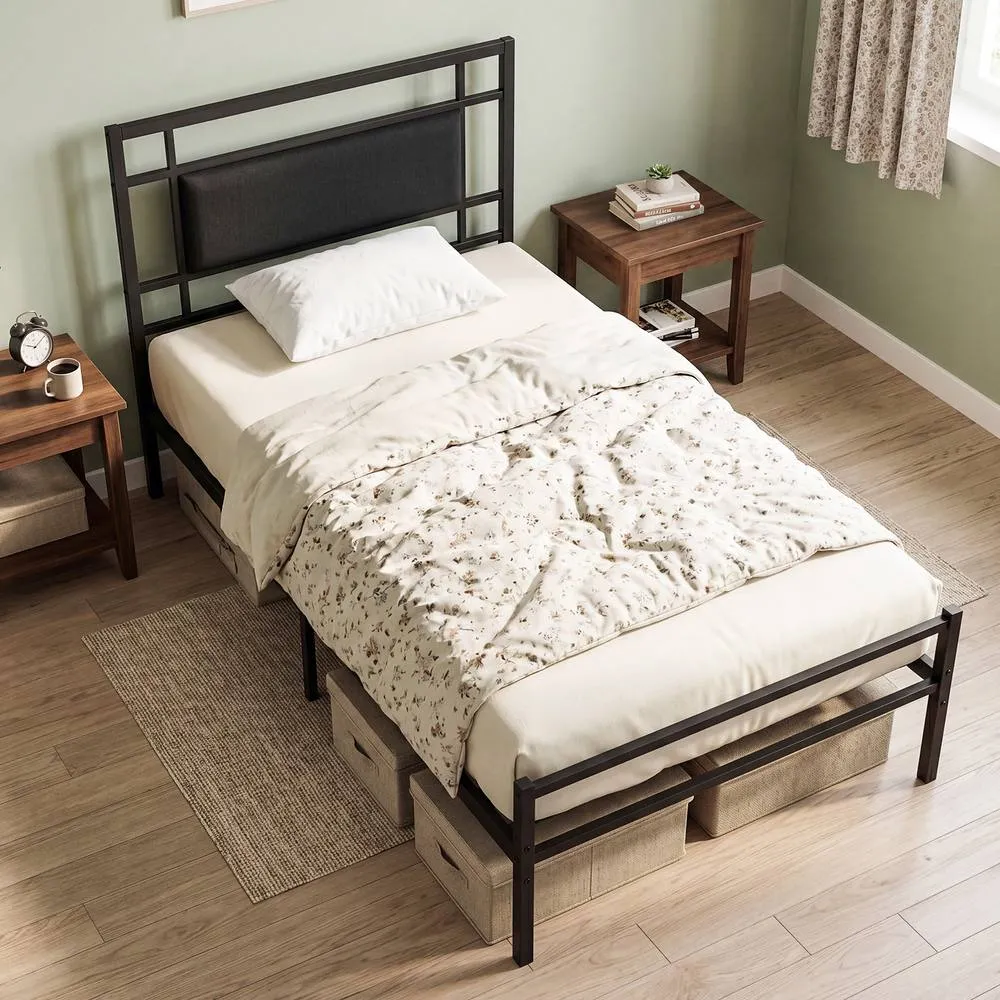 Costway Single Bed Frame with Upholstered Headboard & Metal Slats in Black 3
