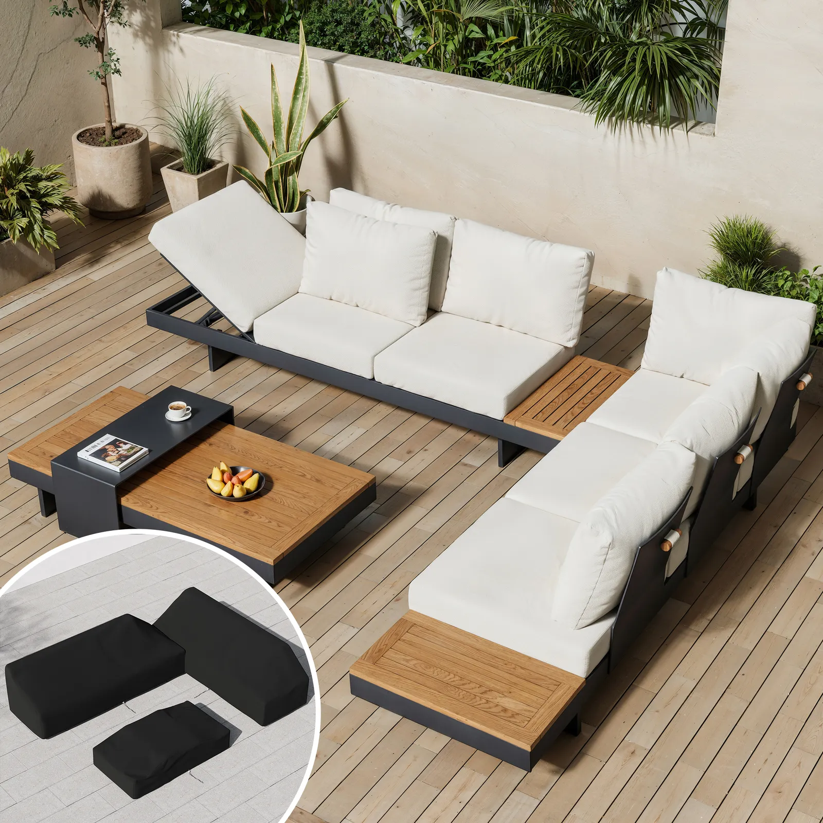 4-Piece Modular Outdoor Sofa Set for 6 with Teak Table & Beige Cushions, Includes Protective Covers