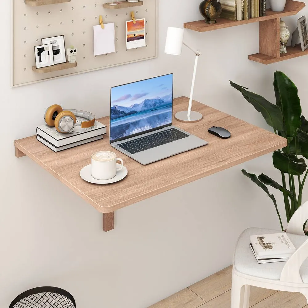 Costway Wall Mounted Wooden Folding Table 80x60cm Drop-Leaf Writing Desk in Natural 4