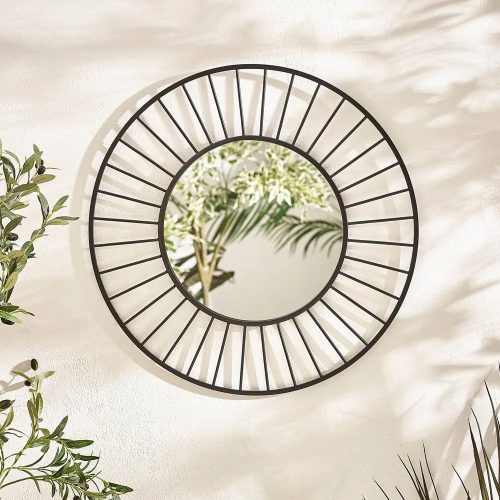 FurnitureboxUK Raya Black Medium Round Spoke 70cm Garden Mirror 2