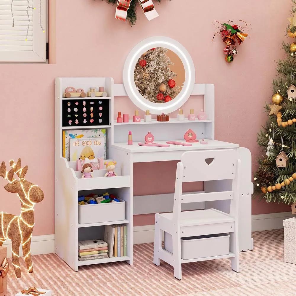 Costway Princess Pretend Play Dressing Table & Chair Set with Open Storage in White 3