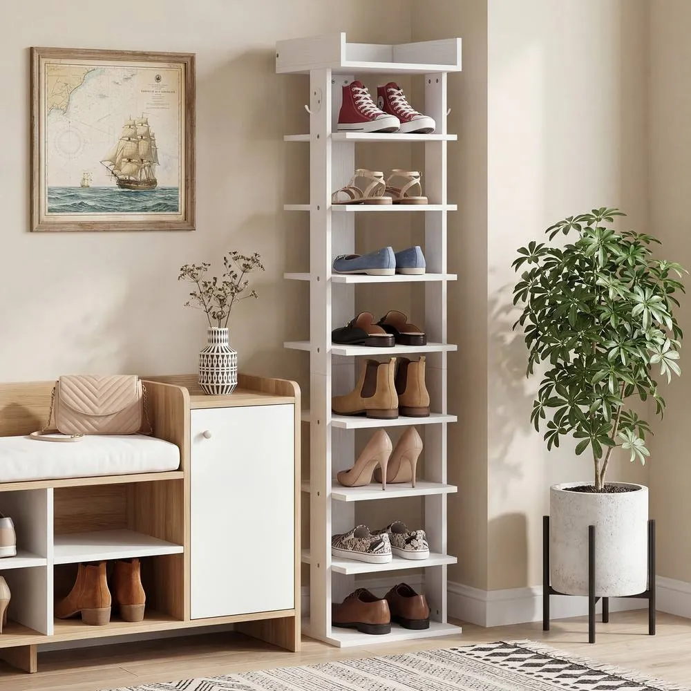 HOMCOM Shoe Rack 9-Tier Top Tray 2 Hooks 30 x 30 x 128.4 cm White 2
