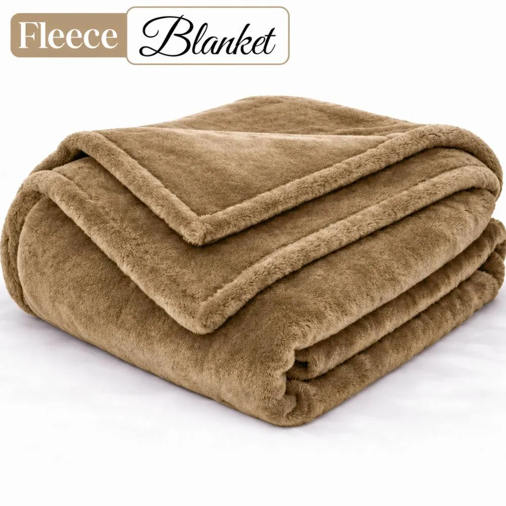 Pamposh Extra Large Flannel Fleece Blanket Reversible Bed & Sofa Throw in Camel