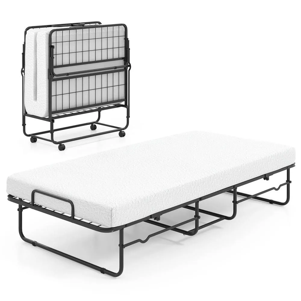 Costway 190 x 90 cm Folding Bed Single Size Guest Bed with Memory Foam in White