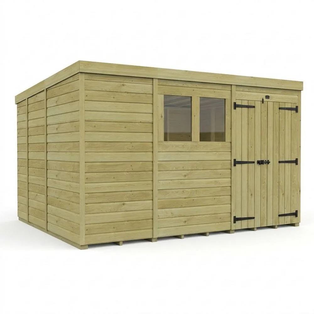 Buttercup Farm 11ft x 9ft Pent Garden Shed Double Door With Windows - Timber in Brown