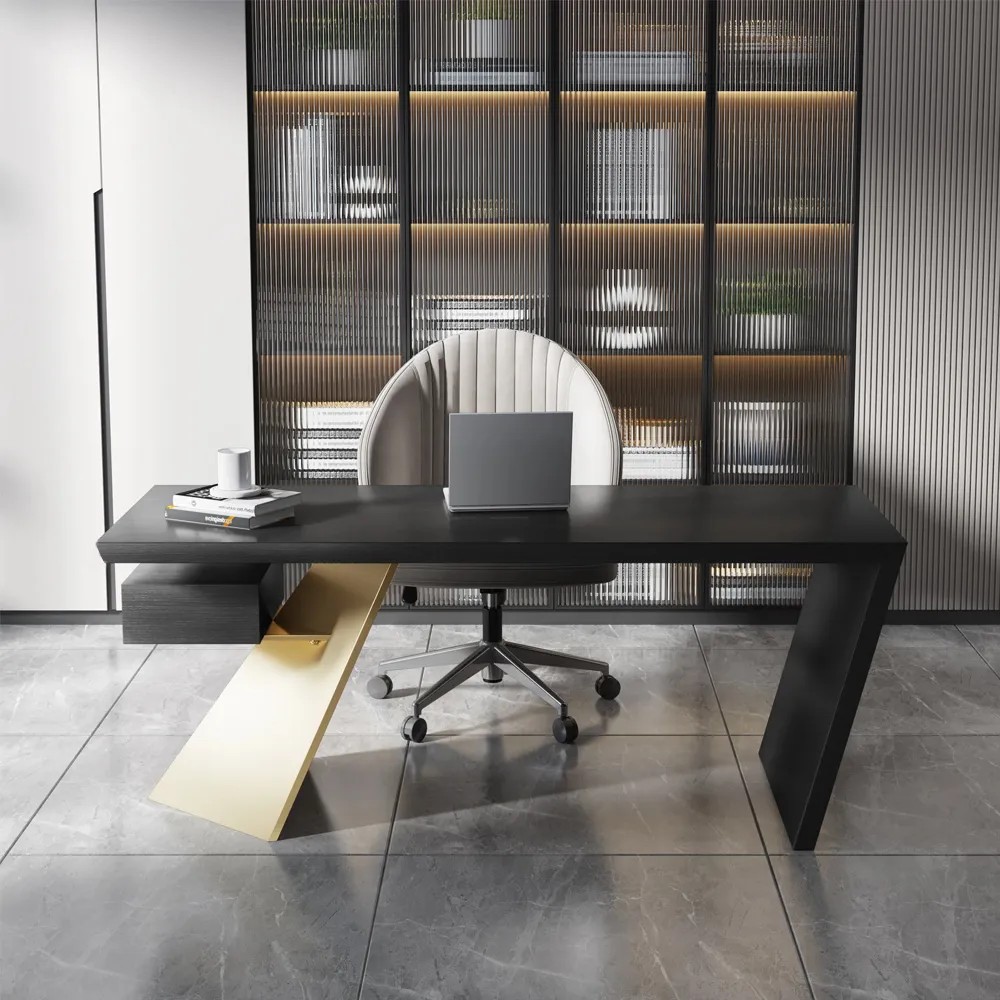 Cabstract Modern Black & Gold Office Desk Writing Desk with Drawer Computer Desk (1600mm)