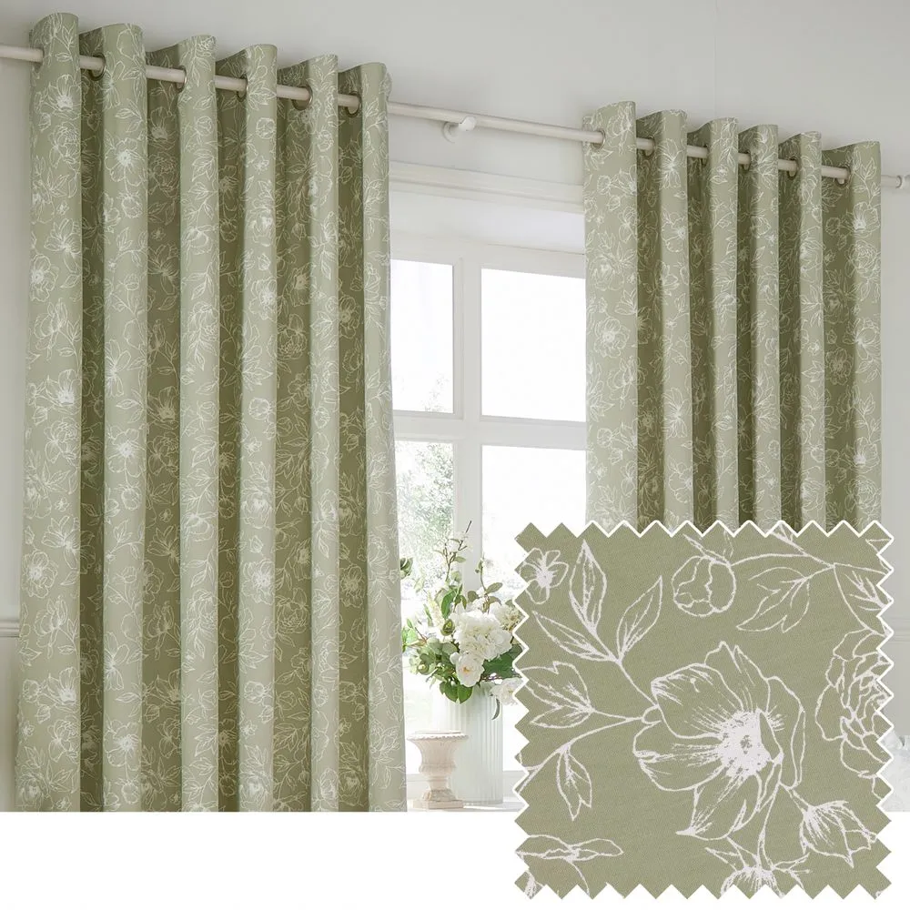 Wylder Bella Floral 100% Cotton Eyelet Curtain Pair in Green 1