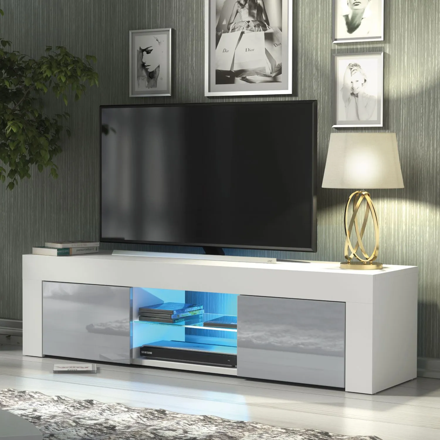 Creative Furniture Loom TV Unit 130cm - A Minimalist & Sophisticated Cabinet with Gloss Doors & LED Lights in Grey