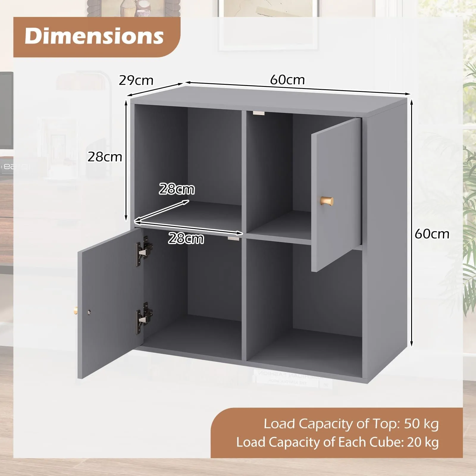 Costway 4-Cube Bookcase 3-Tier Bookshelf Storage Organizer w/2 Cabinets in Grey 2