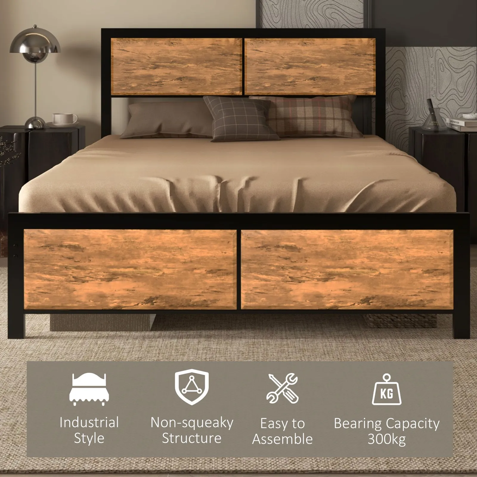 HOMCOM Bed Frame Steel Bed Base with Headboard Brown 4