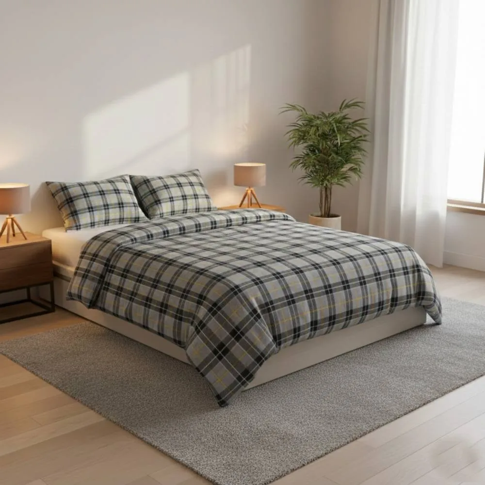 Snug City Thermal Flannelette Tartan Duvet Cover Set Warm Brushed Cotton Bedding in Grey