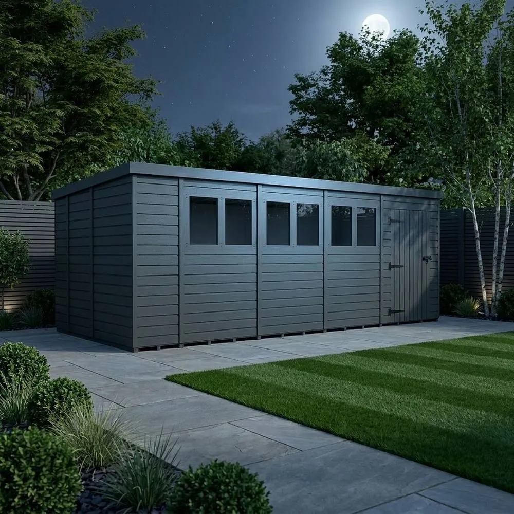 Buttercup Farm 18ft x 9ft Composite Pent Garden Shed Single Door With Windows in Grey 3