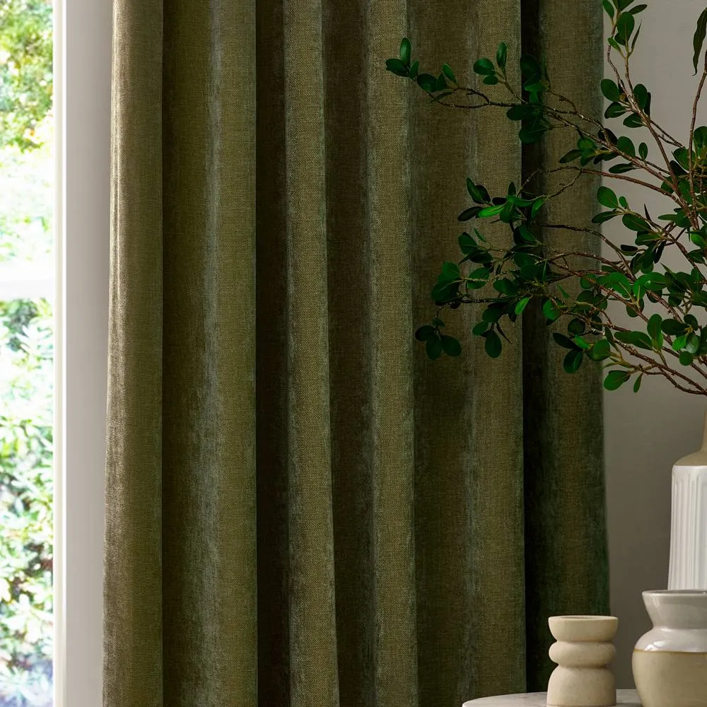 Yard Heavy Chenille Blackout Pencil Pleat Curtain Pair in Olive 3