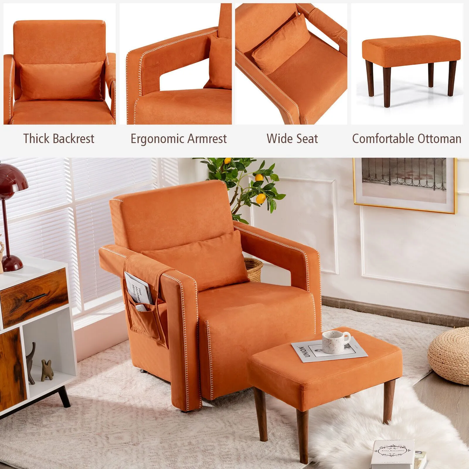Costway Modern Accent Sofa Chair w/ Ottoman Upholstered leisure Armchair Living Room in Orange 2