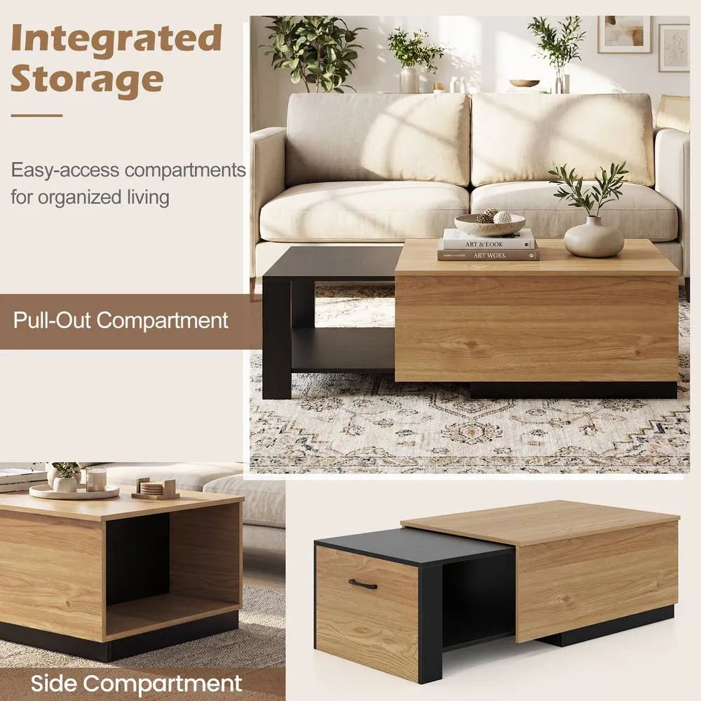 Costway Wooden Rectangle Extendable Coffee Table with Sliding Tabletop in Natural 3