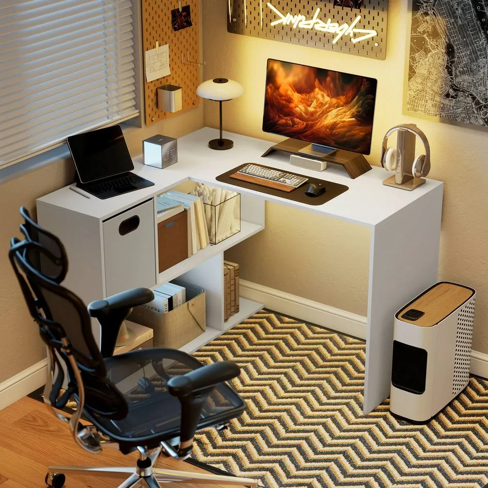 HOMCOM L Shaped Computer Desk, 110 x 100cm Reversible Corner Desk, White 2