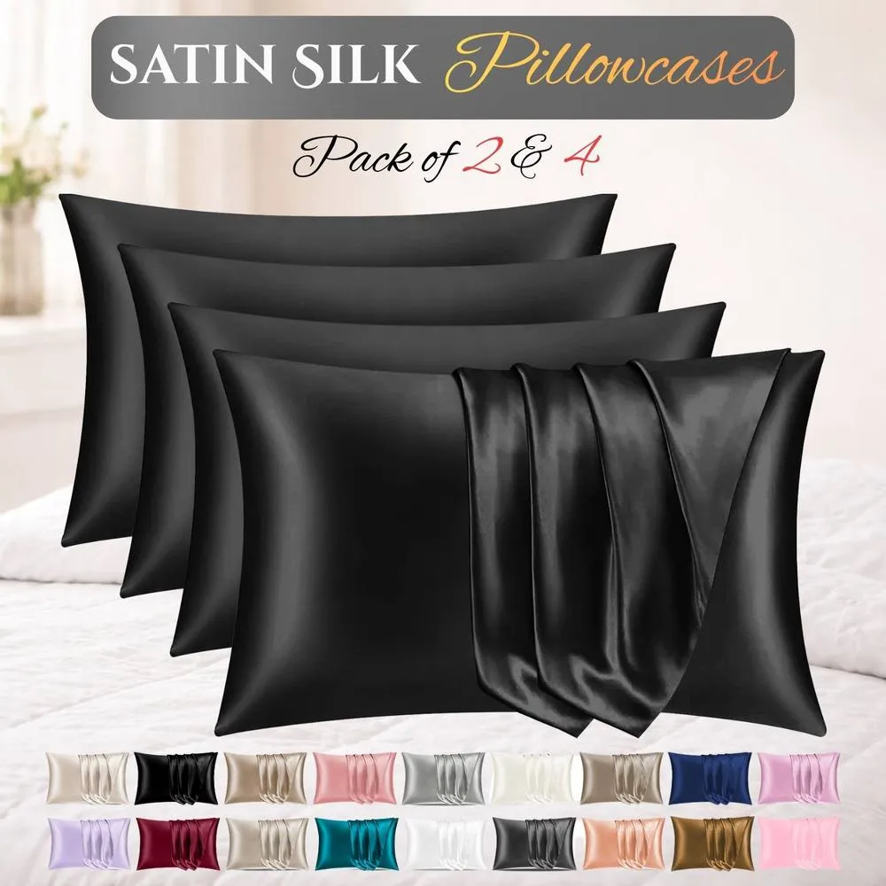 Grace Satin Silk Pillow Cases Pack of 4 Super Soft Smooth Pillow Covers in Midnight