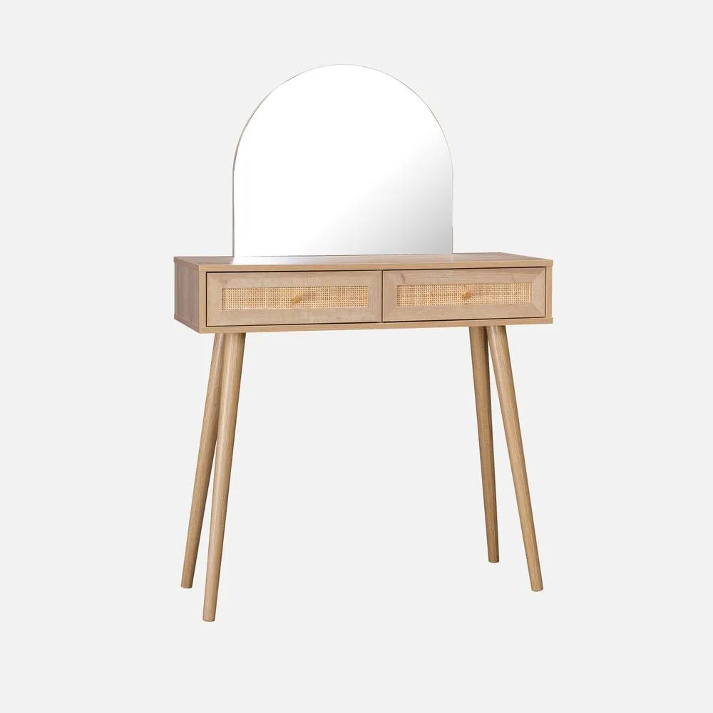 sweeek 2-drawers Dressing Table With Rounded Mirror in Light Brown