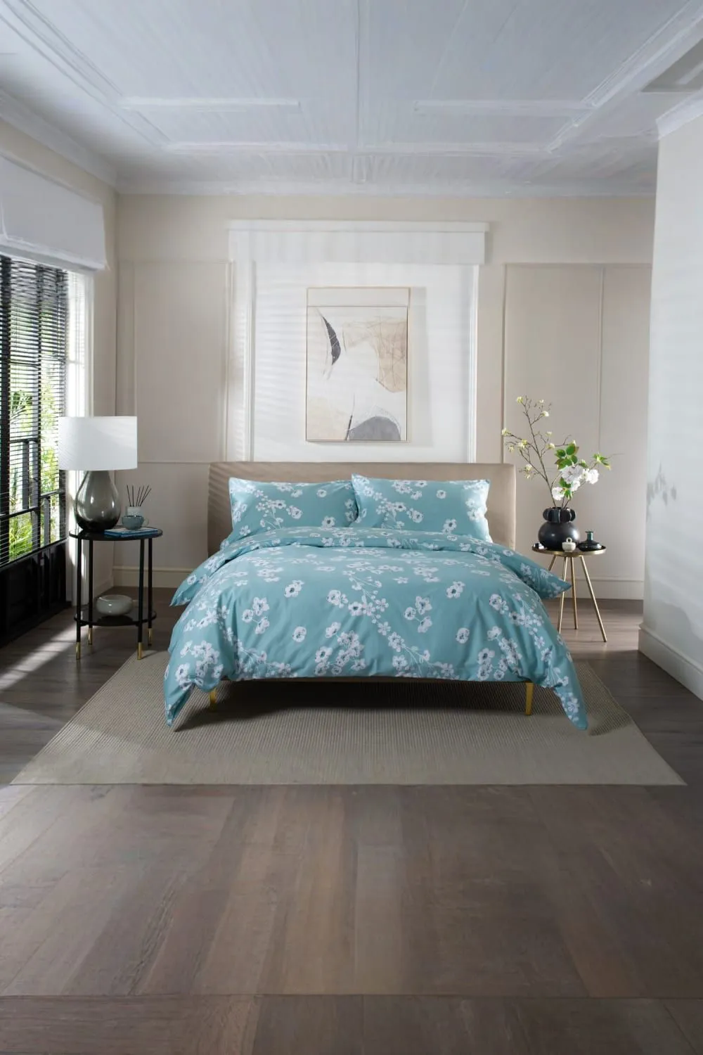 The Lyndon Company Petite Fleure Printed 100% Cotton Duvet Cover Set with Piped Edges in Duck Egg Blue 1
