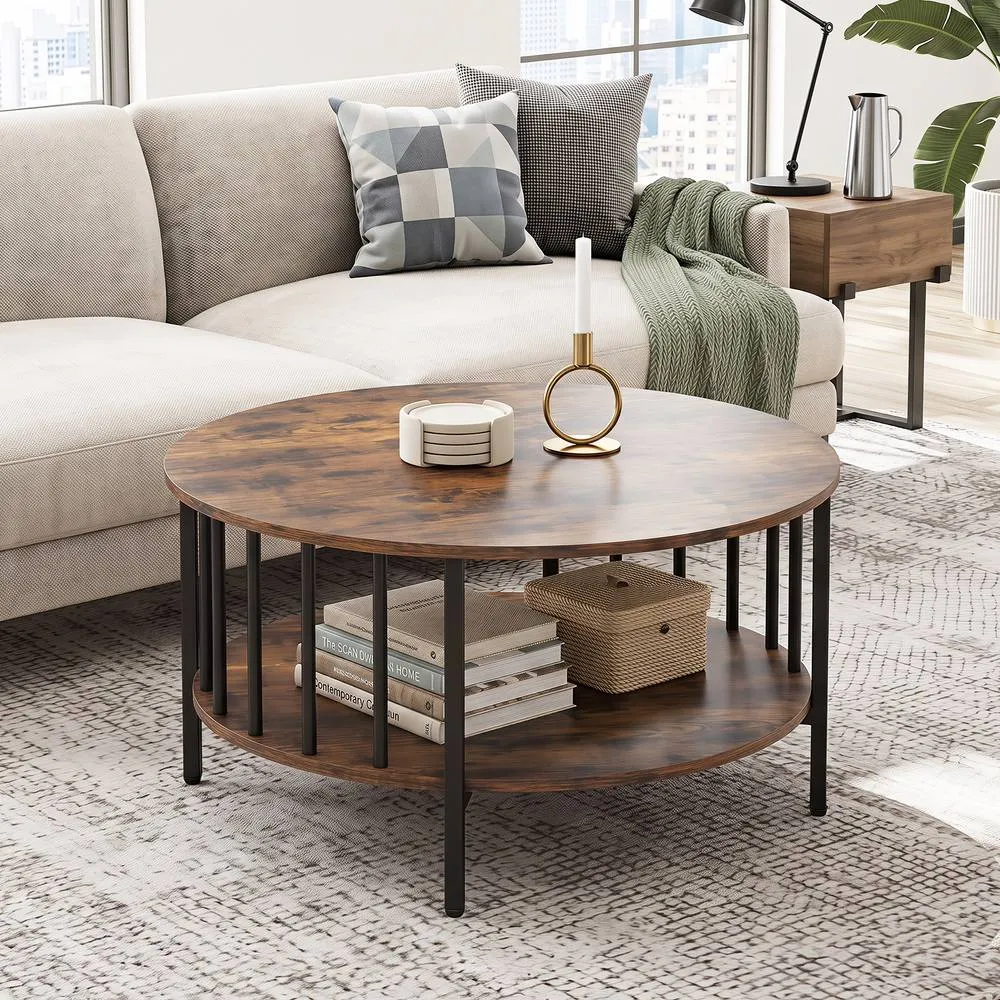 Costway Round Coffee Table 2-Tier Table w/ Open Shelf Cocktail Table in Brown 3