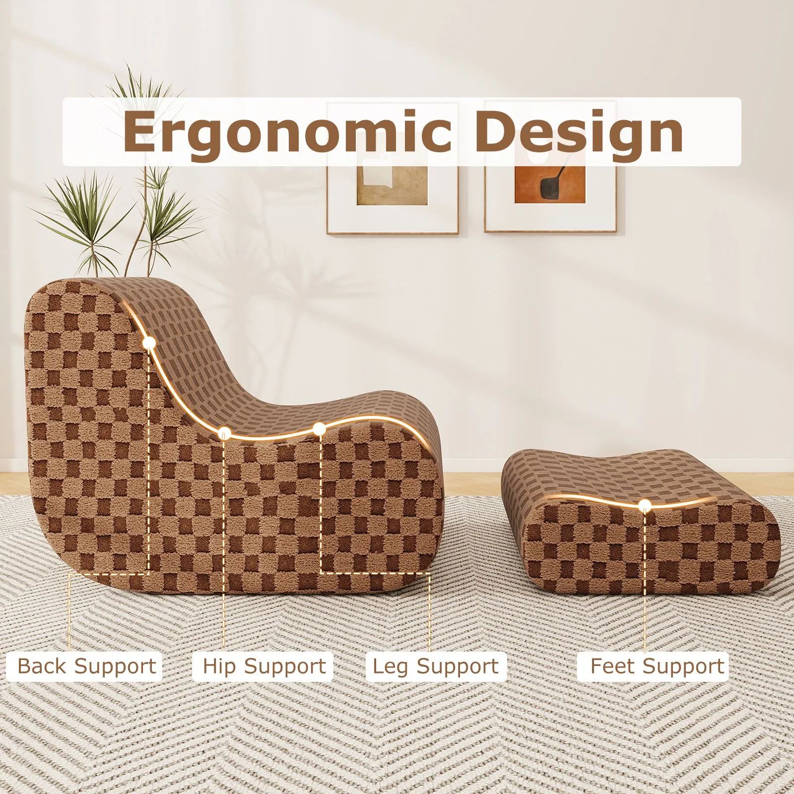 Costway Accent Bean Bag Chair w/ Ottoman Lazy Sofa Chair Set w/ Washable Cover in Brown 5