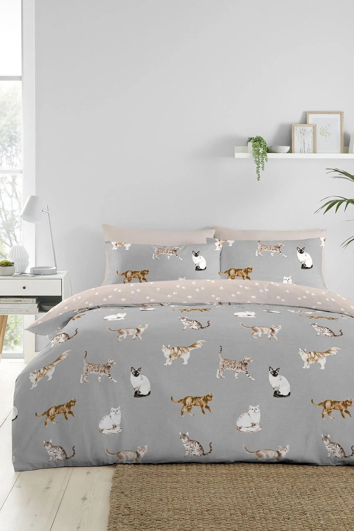 Fusion 'Cats' Luscious Hand Drawn Cat Print Duvet Cover Set in Grey 1