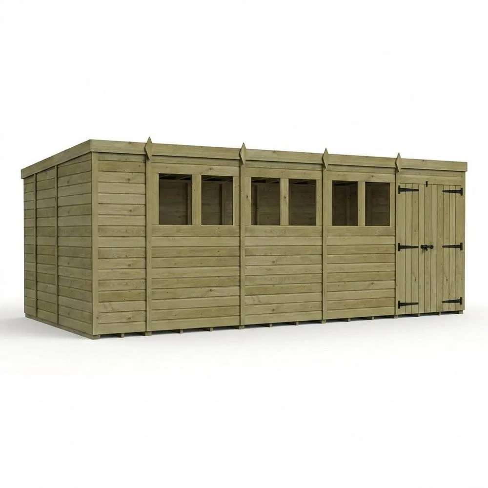 Buttercup Farm 18ft x 9ft Pent Garden Shed Double Door With Windows - Timber in Brown