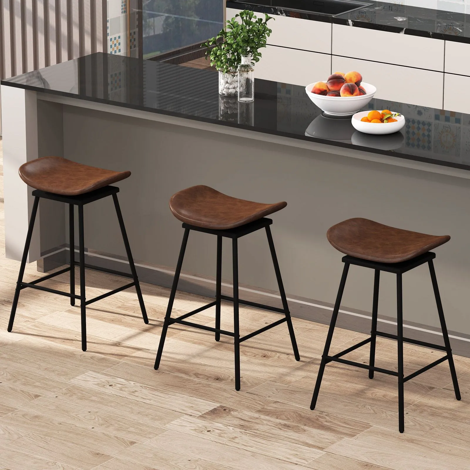 Costway Swivel Barstools Set of 2 Faux Leather Upholstered Backless Bar in Brown 2