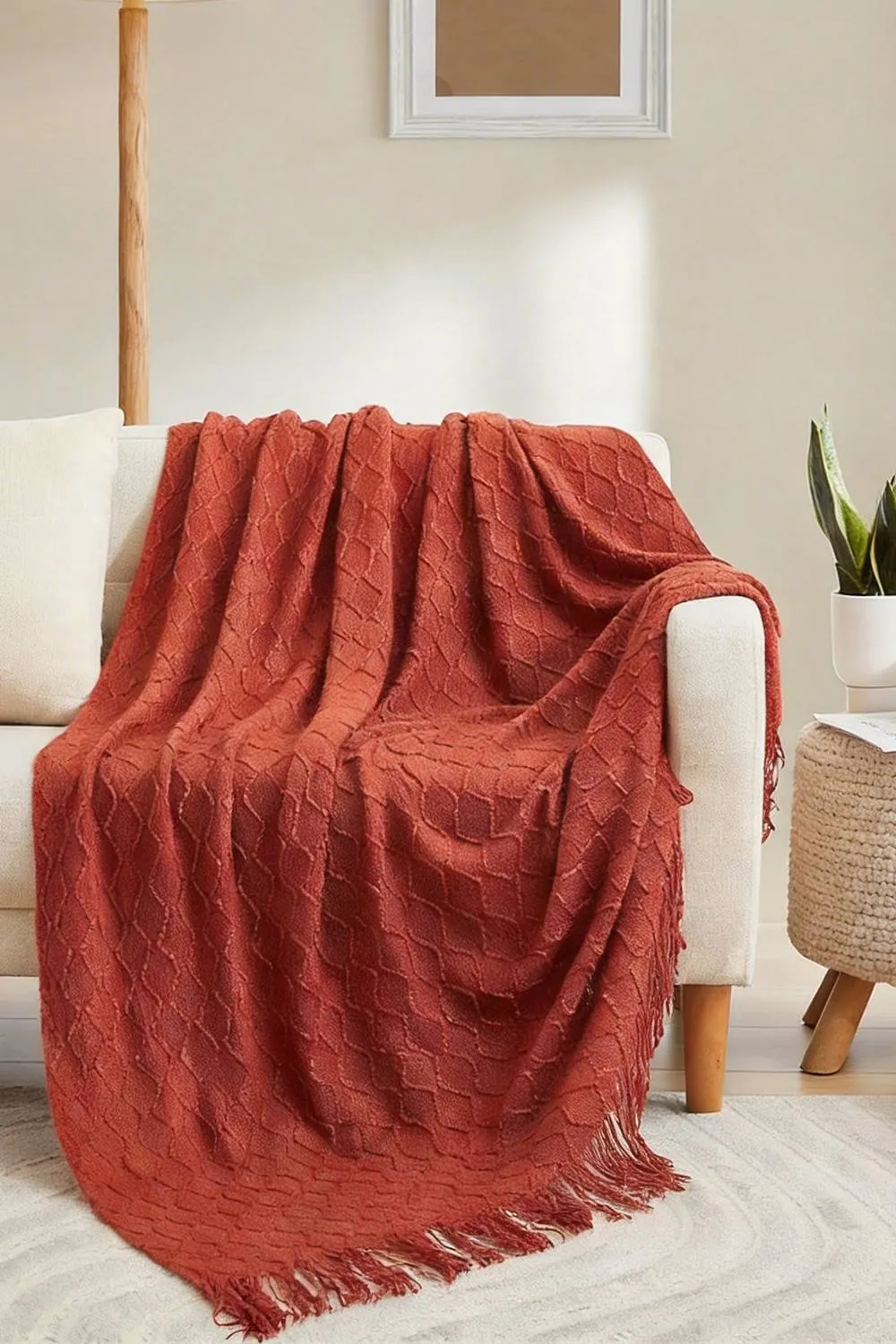 Living and Home Pattern Knitted Throw Blanket with Fringed Edges in Orange