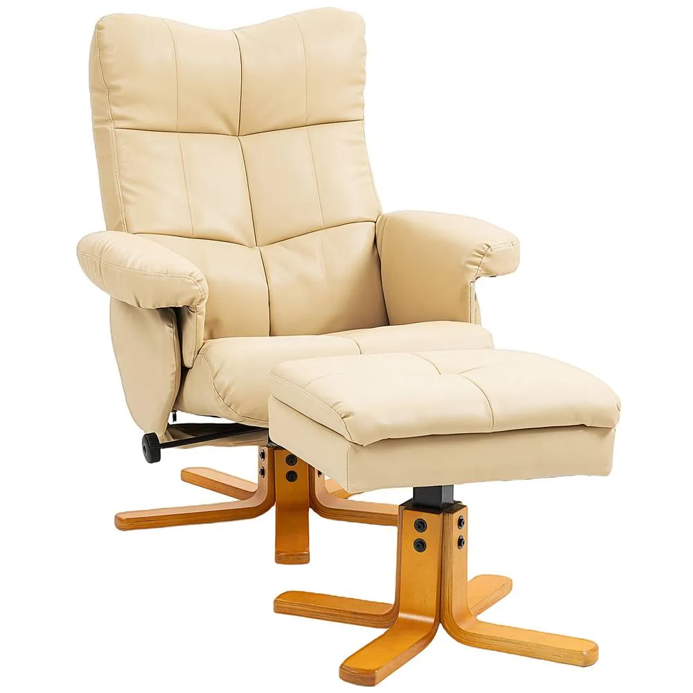 HOMCOM Recliner Chair & Footstool PU Leather Wooden Base, Beige 2