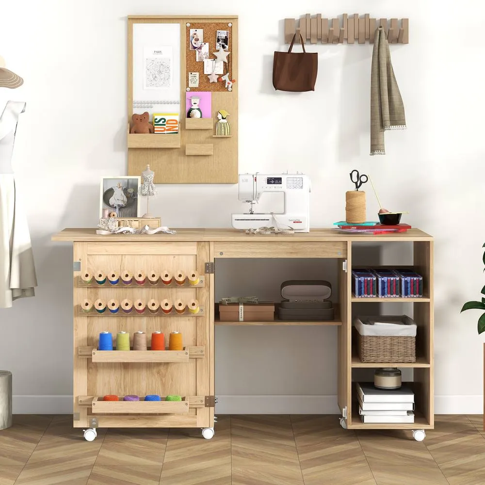 Costway Folding Sewing Table Sewing Machine Craft Station w/18 Pegs&2 Bins in Natural 3