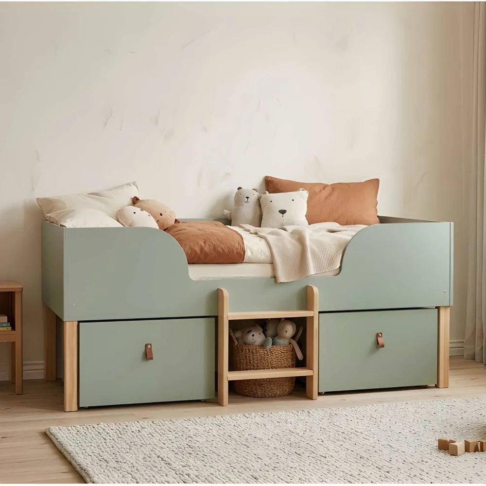 Nöa and Nani Arvid Shorty Cabin Bed Captains Low Midsleeper with Storage in Green