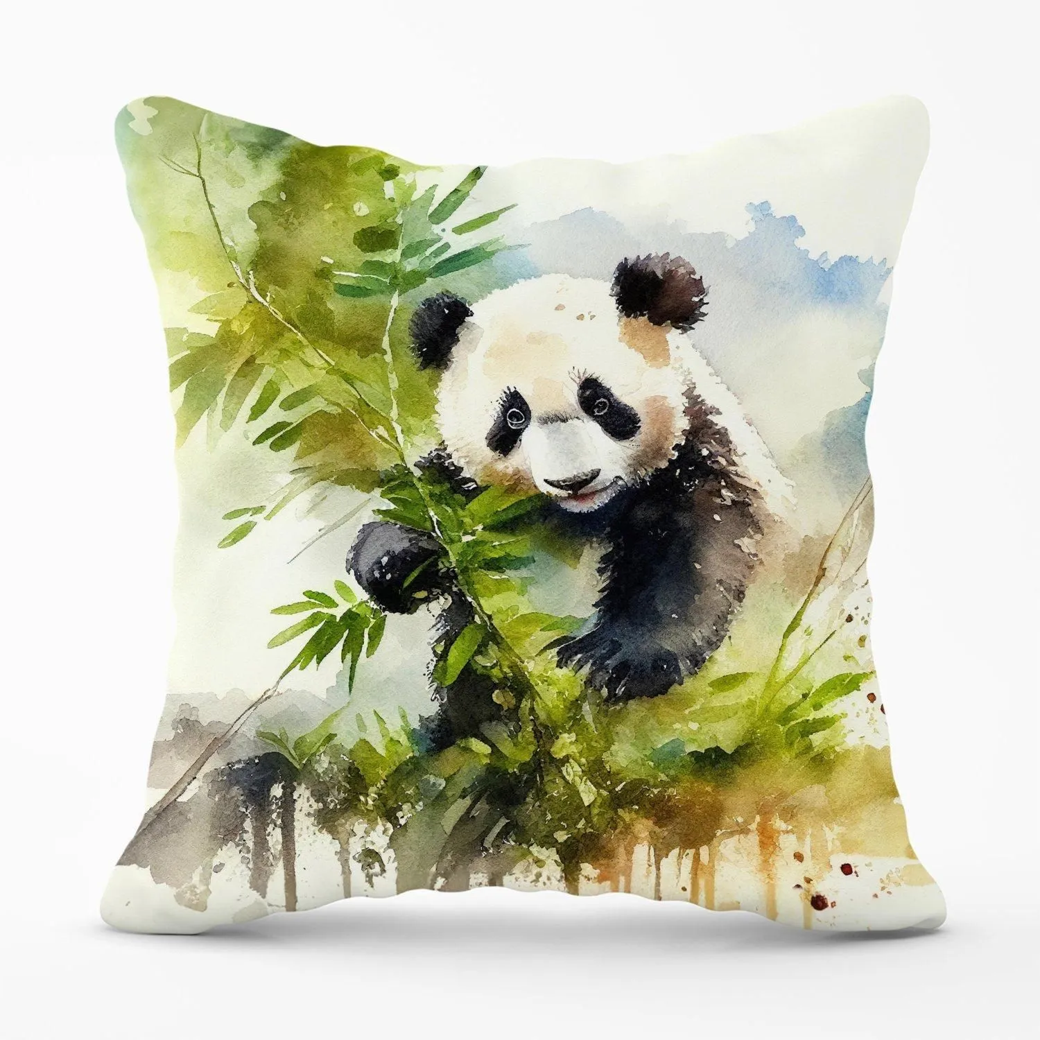 Warren Reed - Designer Panda Eating Bamboo Watercolour Outdoor Cushion in Brown