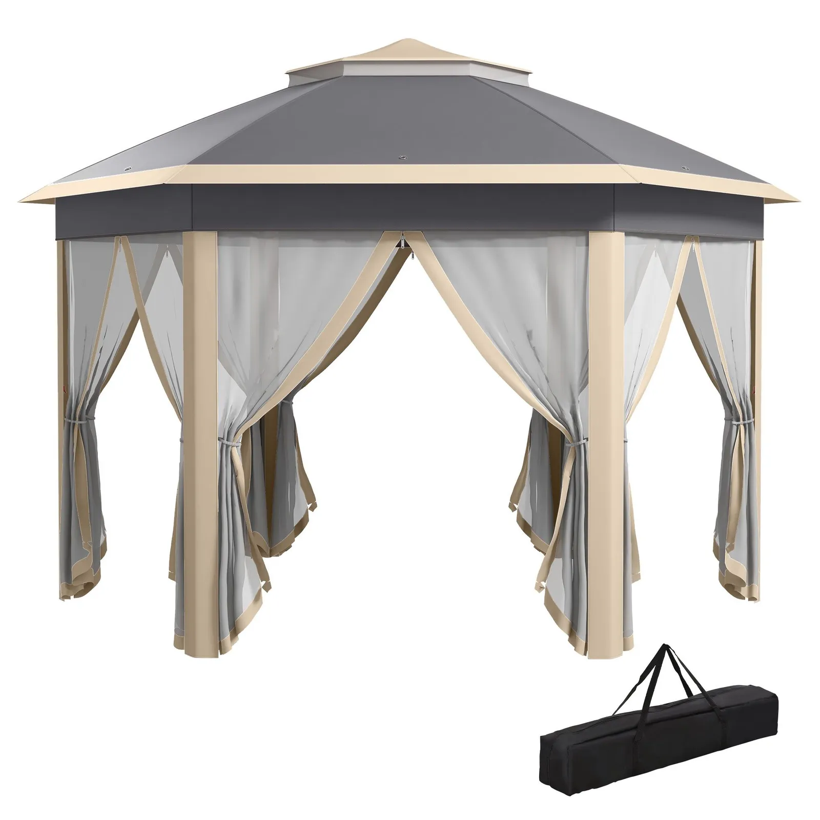 OUTSUNNY 3x4m Hexagon Gazebo w/ Metal Frame Mesh Curtains Outdoor Garden in Khaki 2