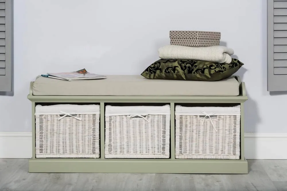 Statement Furniture Tetbury 3 White Wicker Basket & Cream Cushion Hallway Set in Light Green 4