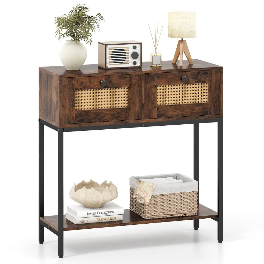 Costway 80CM Boho Console Table Modern Wooden Entryway Table w/2 Drawers in Brown 3