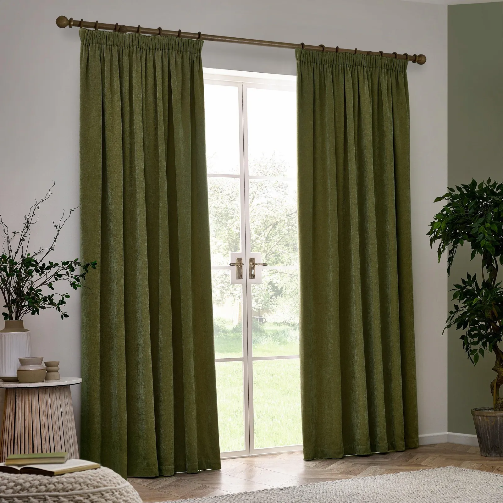 Yard Heavy Chenille Velvet Room Darkening Pencil Pleat Curtain Pair in Olive 5