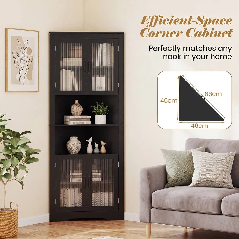 Costway 6-Tier Corner Storage Cabinet 170cm Tall Corner Hutch w/ 4 Glass Doors in Black 5